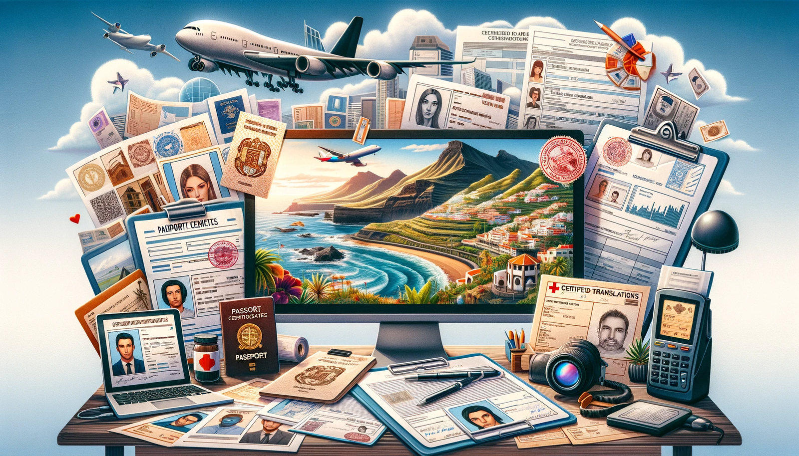 DALL·E-2024-01-29-13.56.59-A-collage-representing-the-process-of-moving-to-Tenerife-Spain-for-a-blog-post.-The-image-includes-various-elements-such-as-scanned-documents-like-p